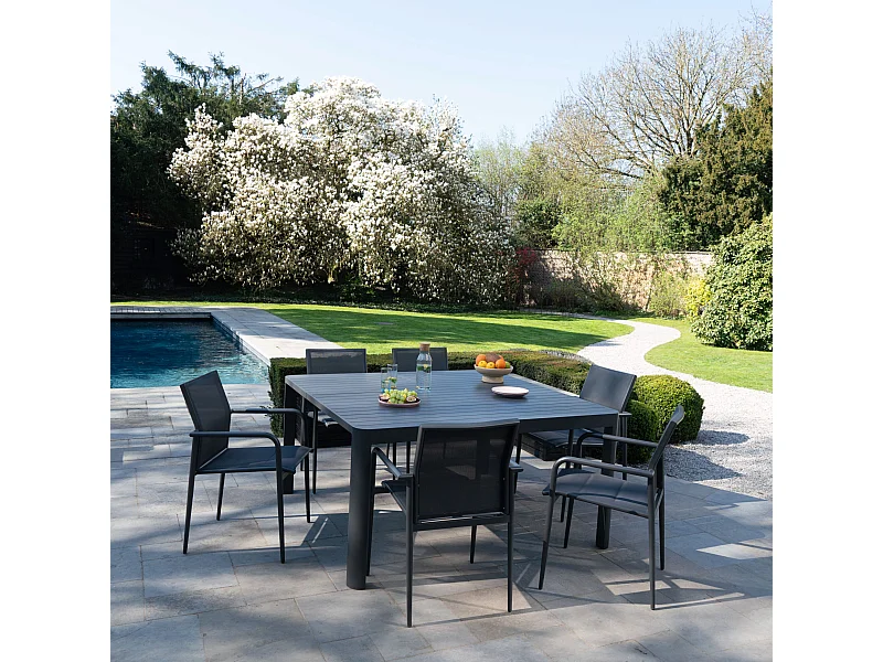 Ensemble Carrée 4/8p en full aluminium Gris avec 6 fauteuils COMO