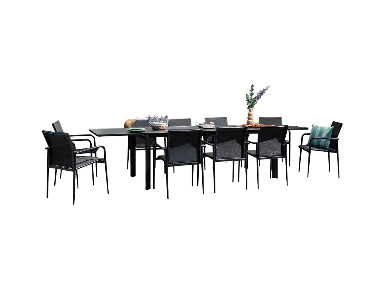 Ensemble 8/12p en aluminium et plateau en verre poli Noir avec 10 fauteuils MODULO