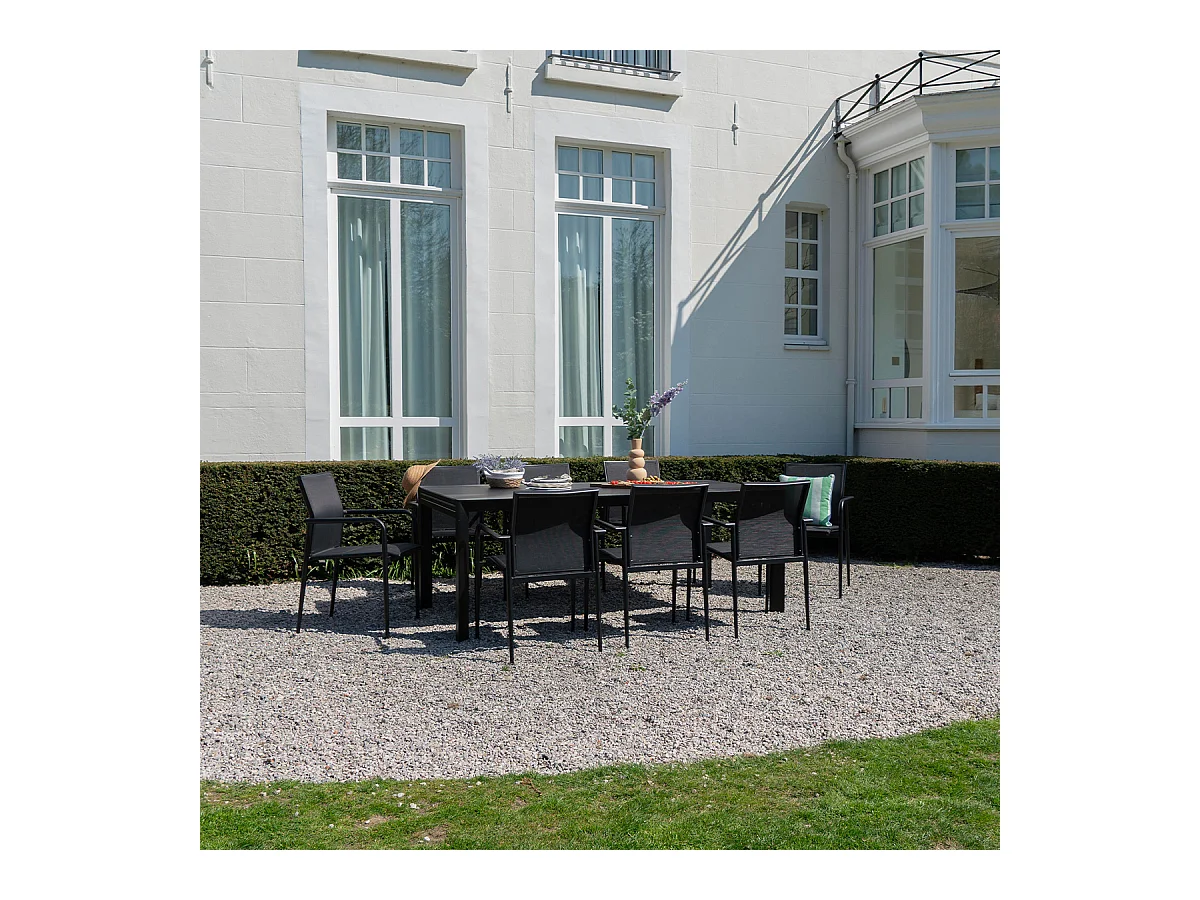 Ensemble 8/12p en aluminium et plateau en verre poli Noir avec 10 fauteuils MODULO