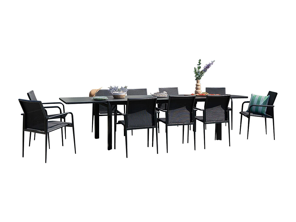 Ensemble 8/12p en aluminium et plateau en verre poli Noir avec 10 fauteuils MODULO