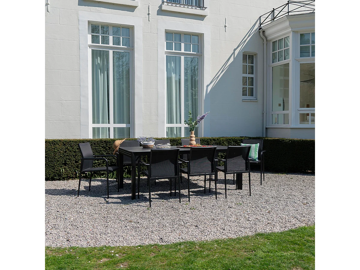 Ensemble 8/12p en aluminium et plateau en verre poli Noir avec 10 fauteuils MODULO