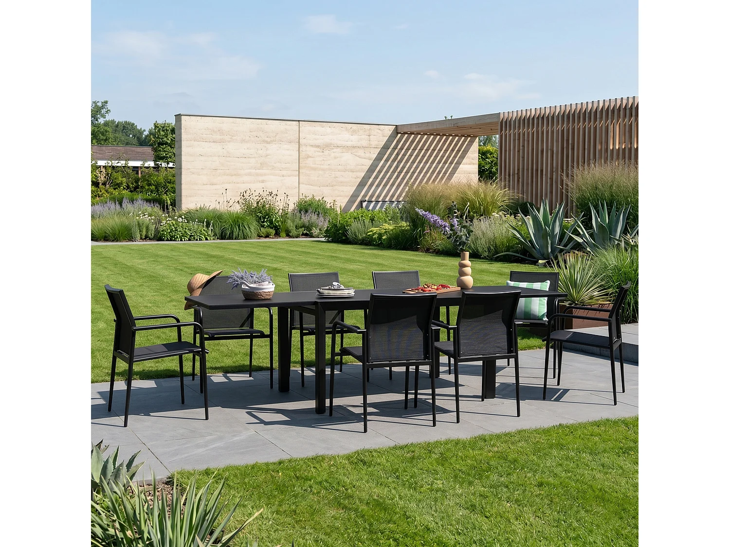 Ensemble 8/12p en aluminium et plateau en verre poli Noir avec 10 fauteuils MODULO