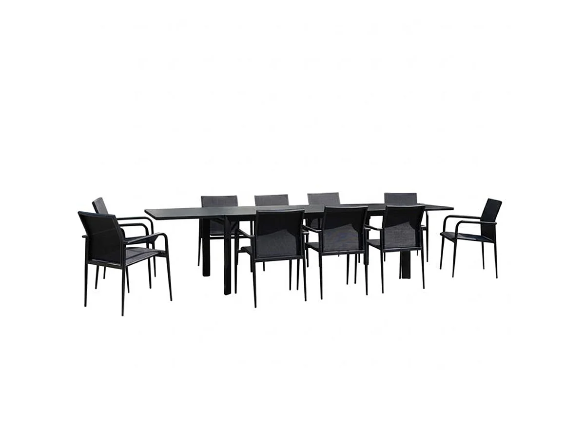 Ensemble 8/12p en aluminium et plateau en verre poli Noir avec 10 fauteuils MODULO