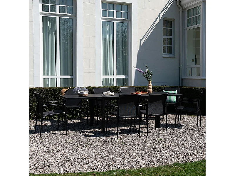 Ensemble 6/10p en aluminium et plateau en verre poli Noir avec 8 fauteuils MODULO