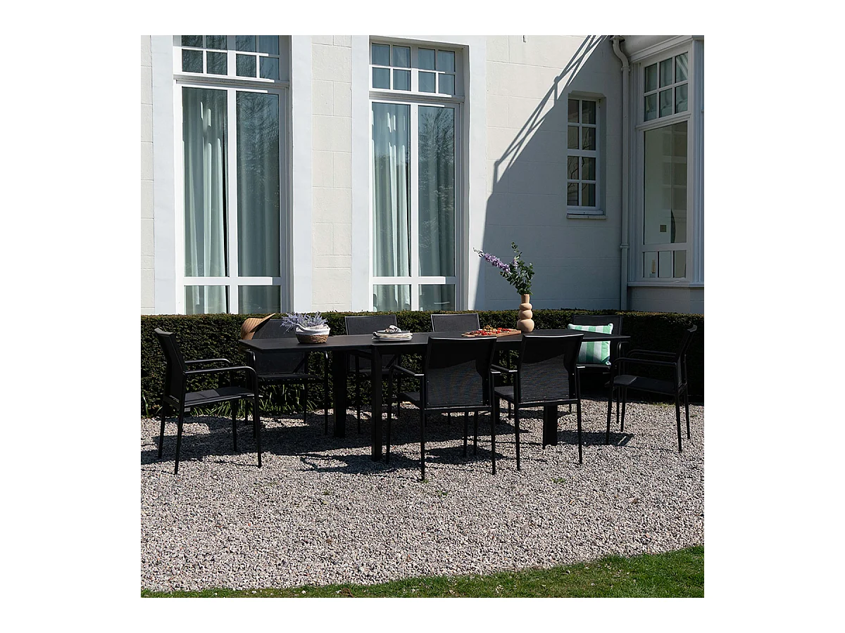 Ensemble 6/10p en aluminium et plateau en verre poli Noir avec 8 fauteuils MODULO