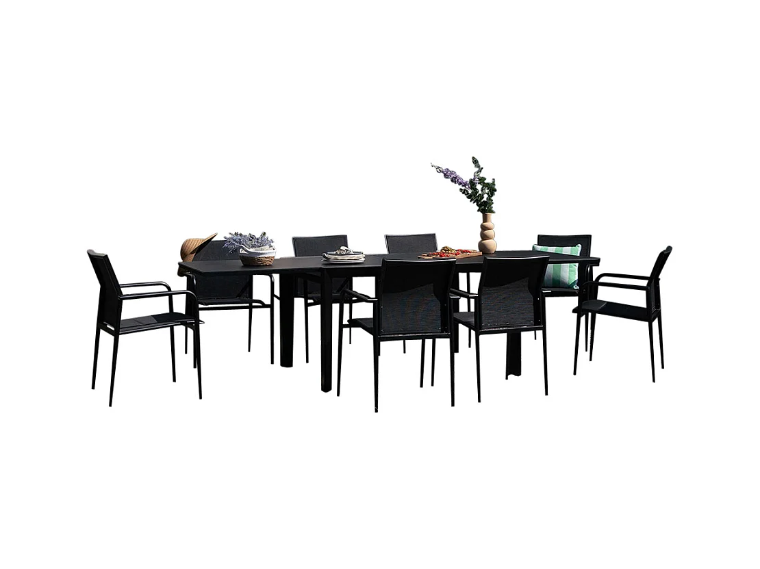 Ensemble 6/10p en aluminium et plateau en verre poli Noir avec 8 fauteuils MODULO