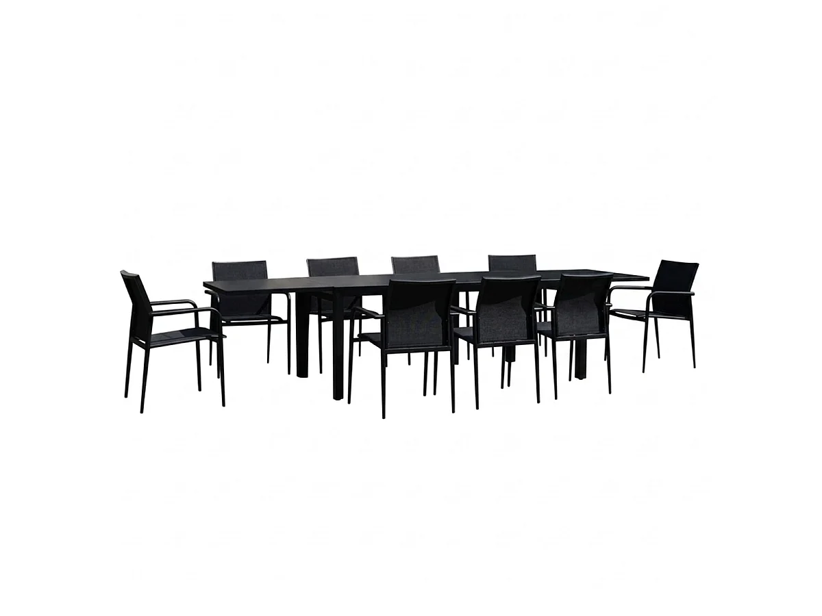 Ensemble 6/10p en aluminium et plateau en verre poli Noir avec 8 fauteuils MODULO