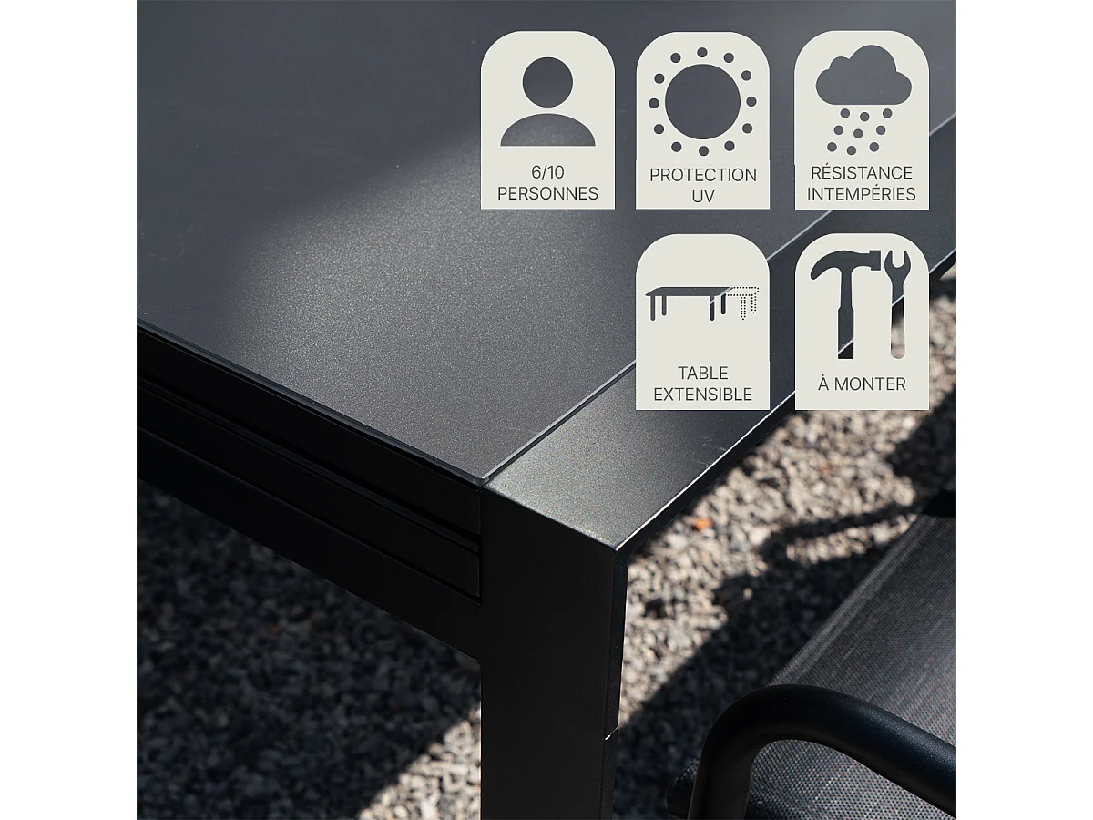 Ensemble de jardin aluminium et verre poli  noir 6/10P MODULO avec 8 fauteuils