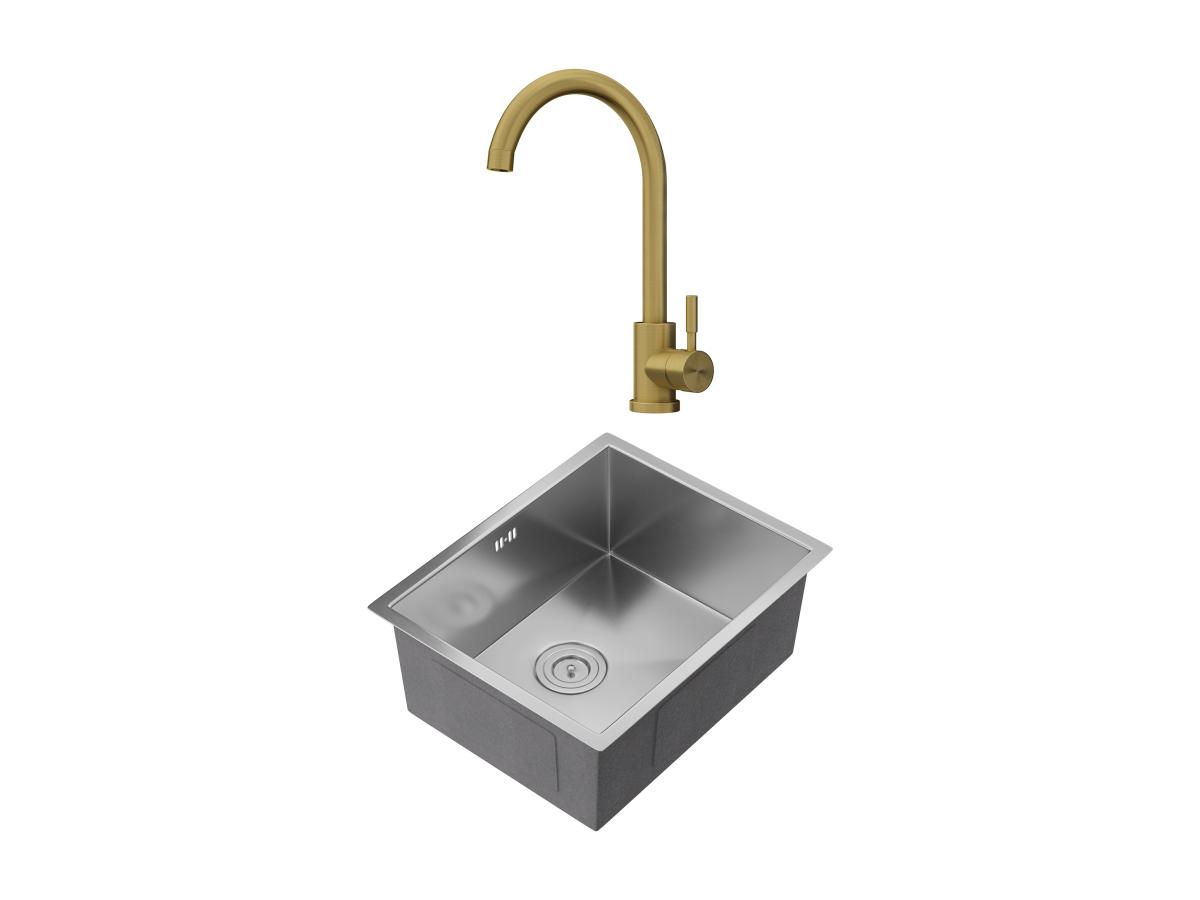 Set Spülbecken 55 x 45 cm SOELA + Armatur ROMILY aus Edelstahl - Goldfarben günstig online kaufen