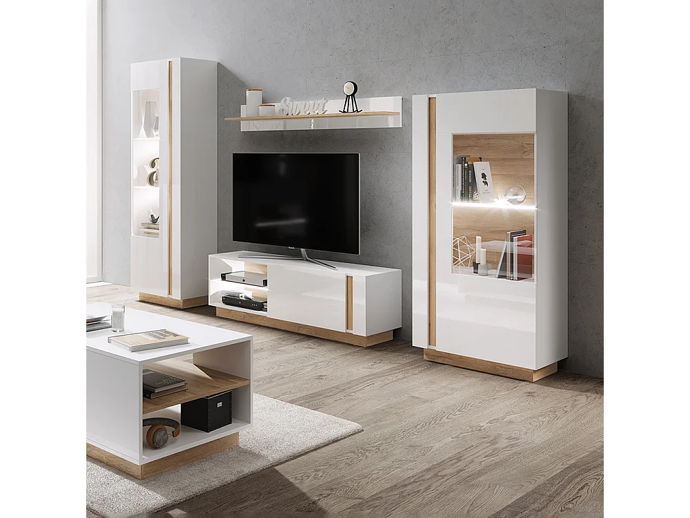 Parete attrezzata moderna con luci LED bianca con dettagli rovere PALK4