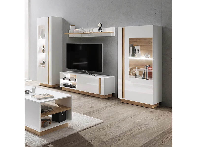 Parete attrezzata moderna con luci LED bianca con dettagli rovere PALK4