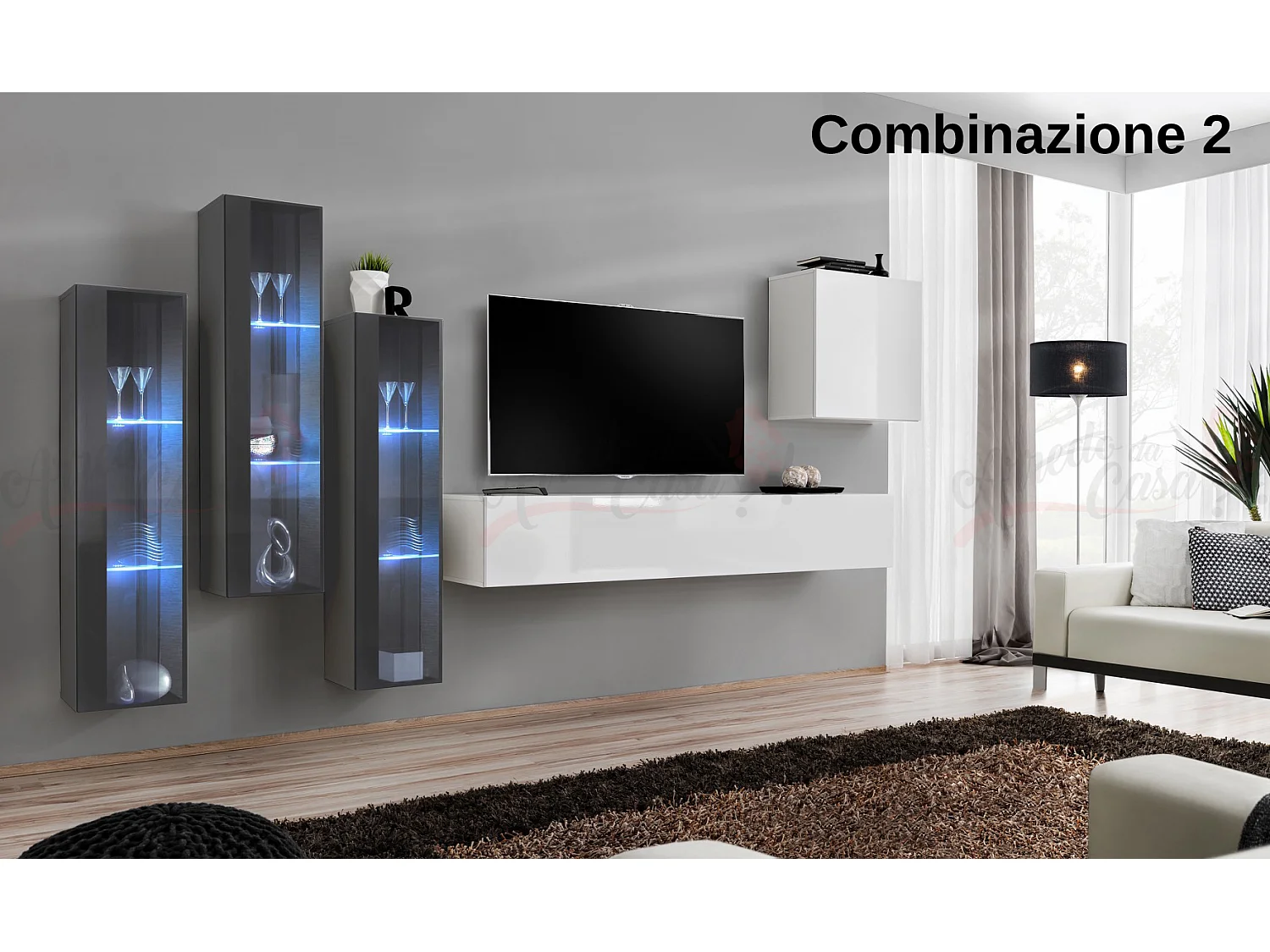 Parete attrezzata da soggiorno con luci LED 270x160 grigio e bianco PAP57