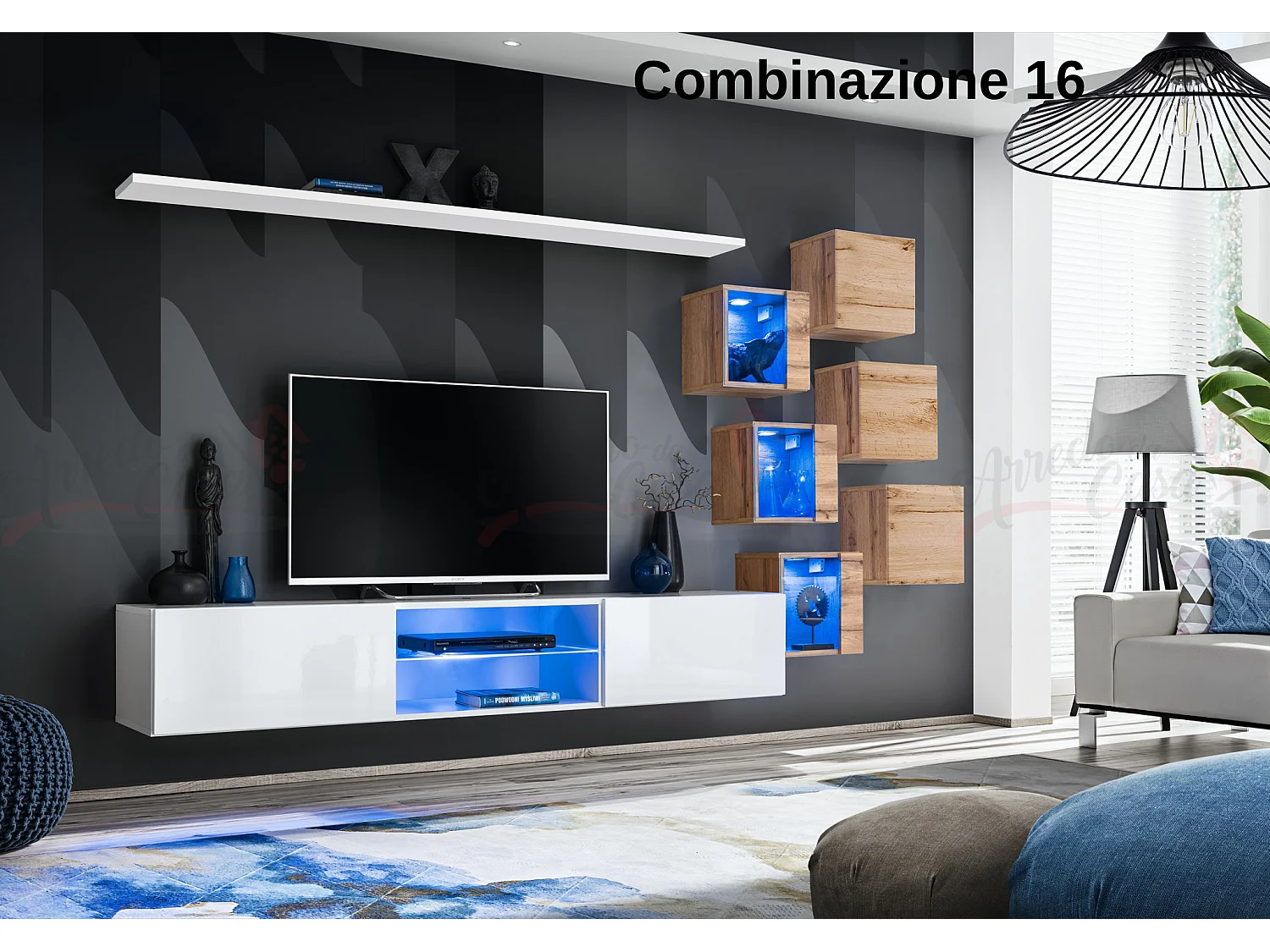 Parete attrezzata soggiorno con mobile TV sospeso 260x150 bianco e rovere PAP67