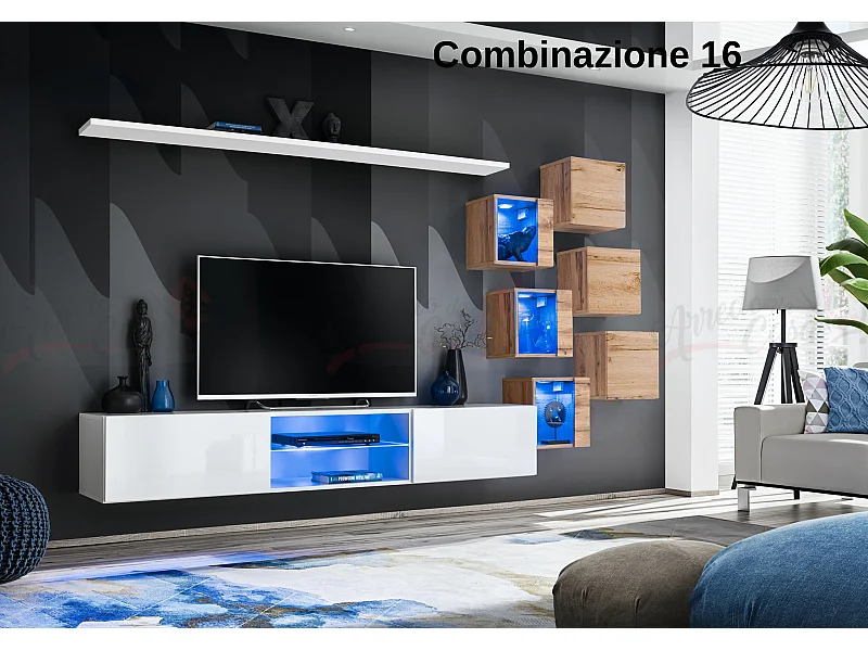Parete attrezzata soggiorno con mobile TV sospeso 260x150 bianco e rovere PAP67