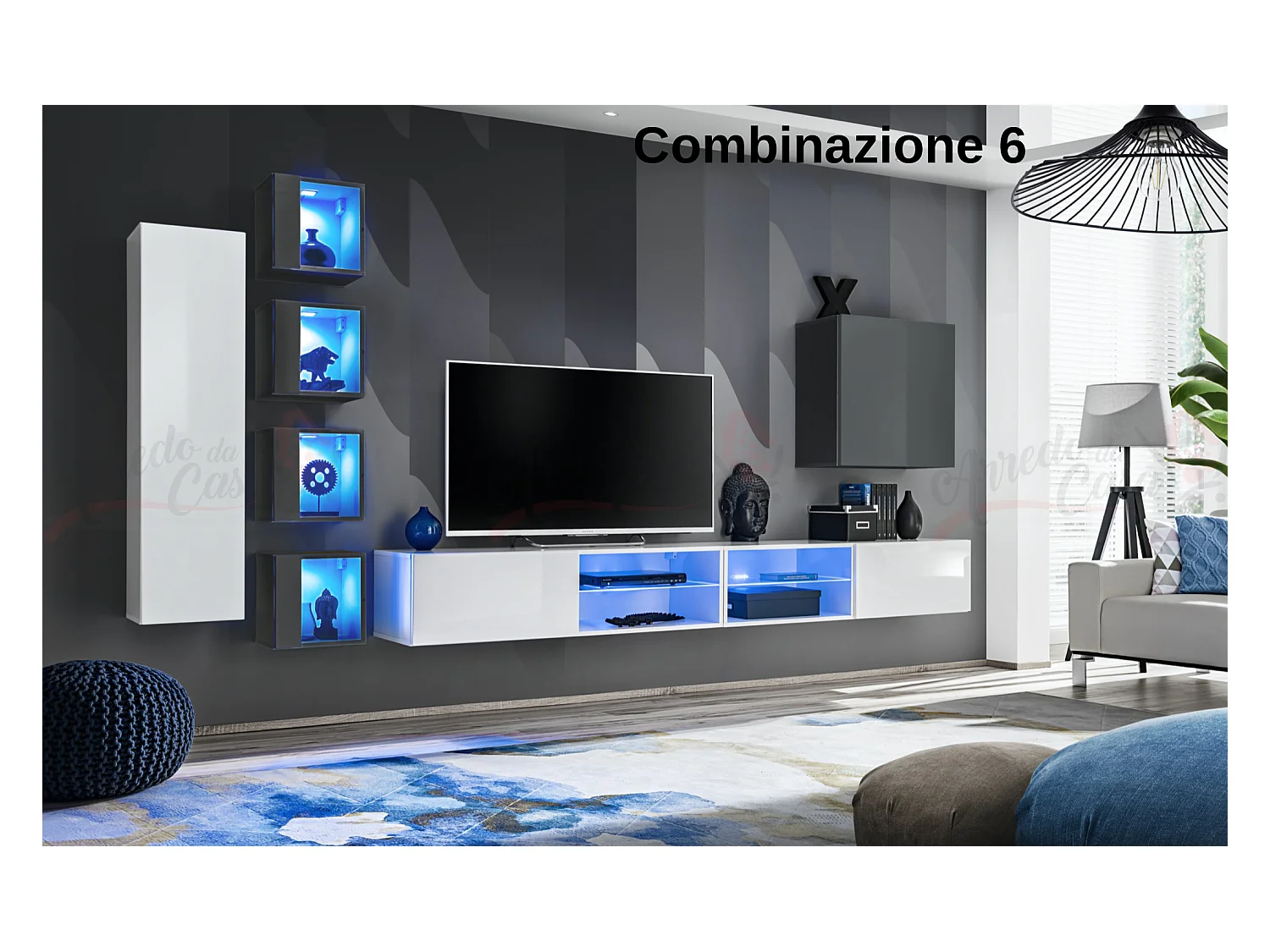 Parete attrezzata soggiorno con vetrinette e led 320x150 bianco e grigio PAP72