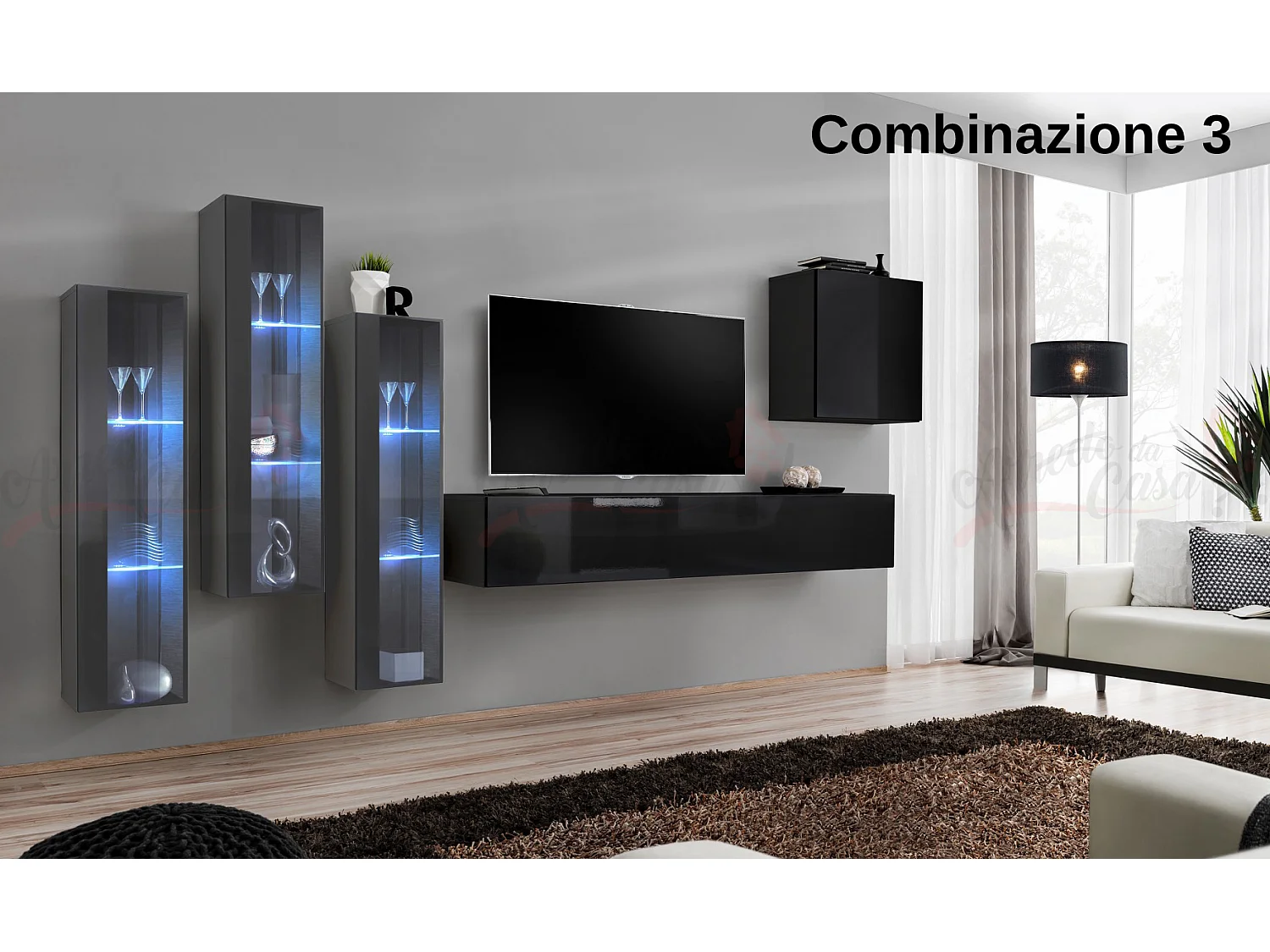 Parete attrezzata da soggiorno con luci LED 270x160 grigio e nero PAP57