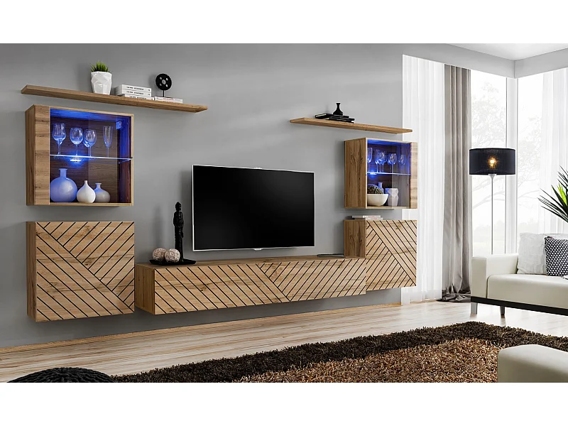 Parete attrezzata moderna con vetrine illuminate a led 320x150 rovere PAP58