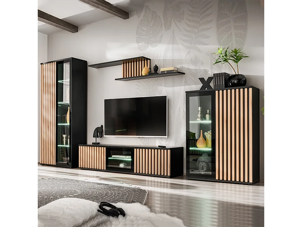 Parete attrezzata moderna per soggiorno nera e rovere 340x192 PAP155