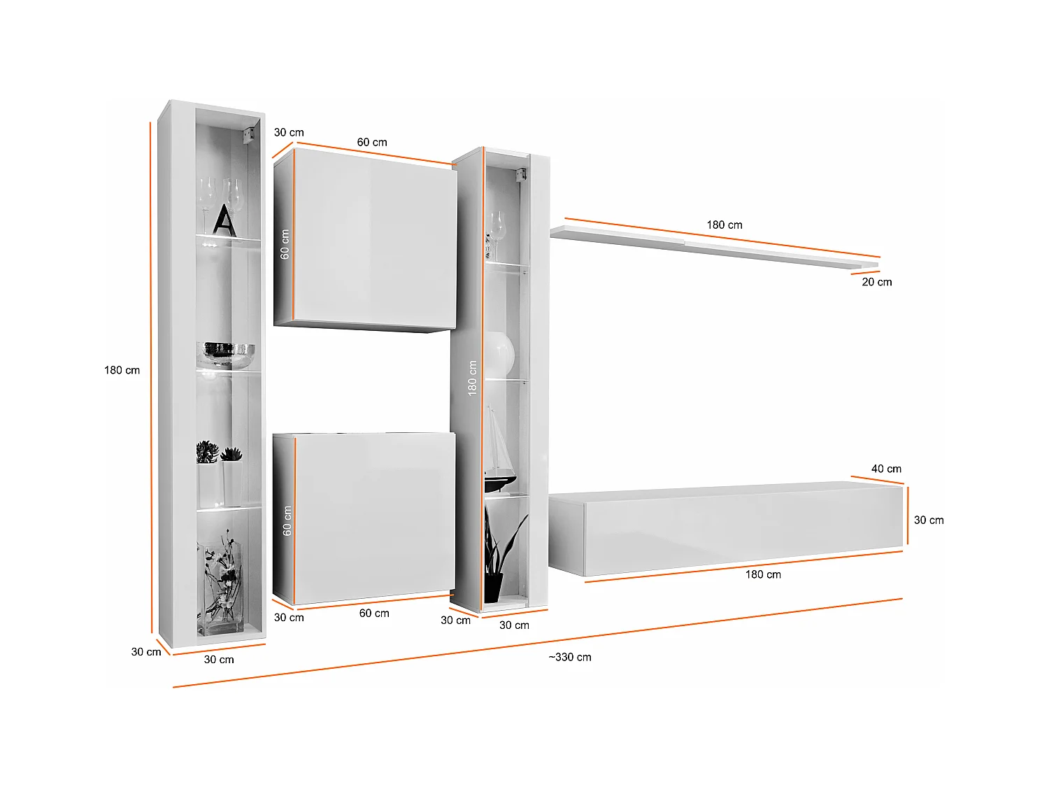 Parete attrezzata moderna da soggiorno con illuminazione led 330x180 bianco PAP60
