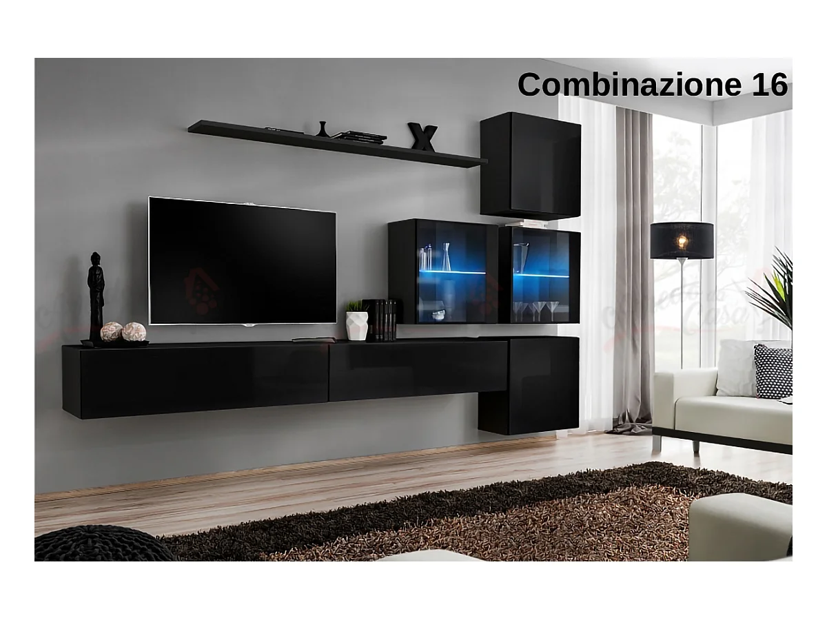 Parete attrezzata sospesa moderna con vetrinette 310x200 nero PAP63