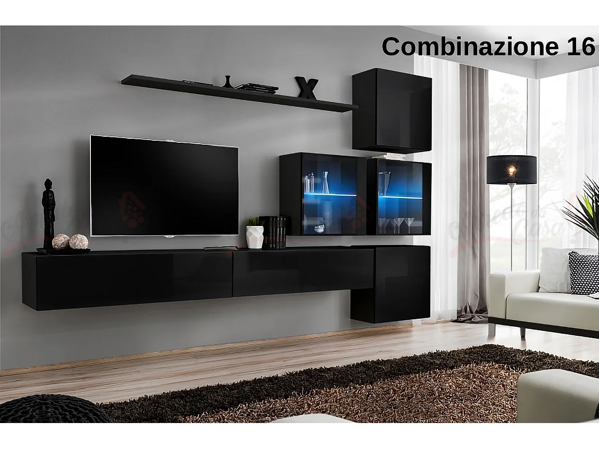 Parete attrezzata sospesa moderna con vetrinette 310x200 nero PAP63