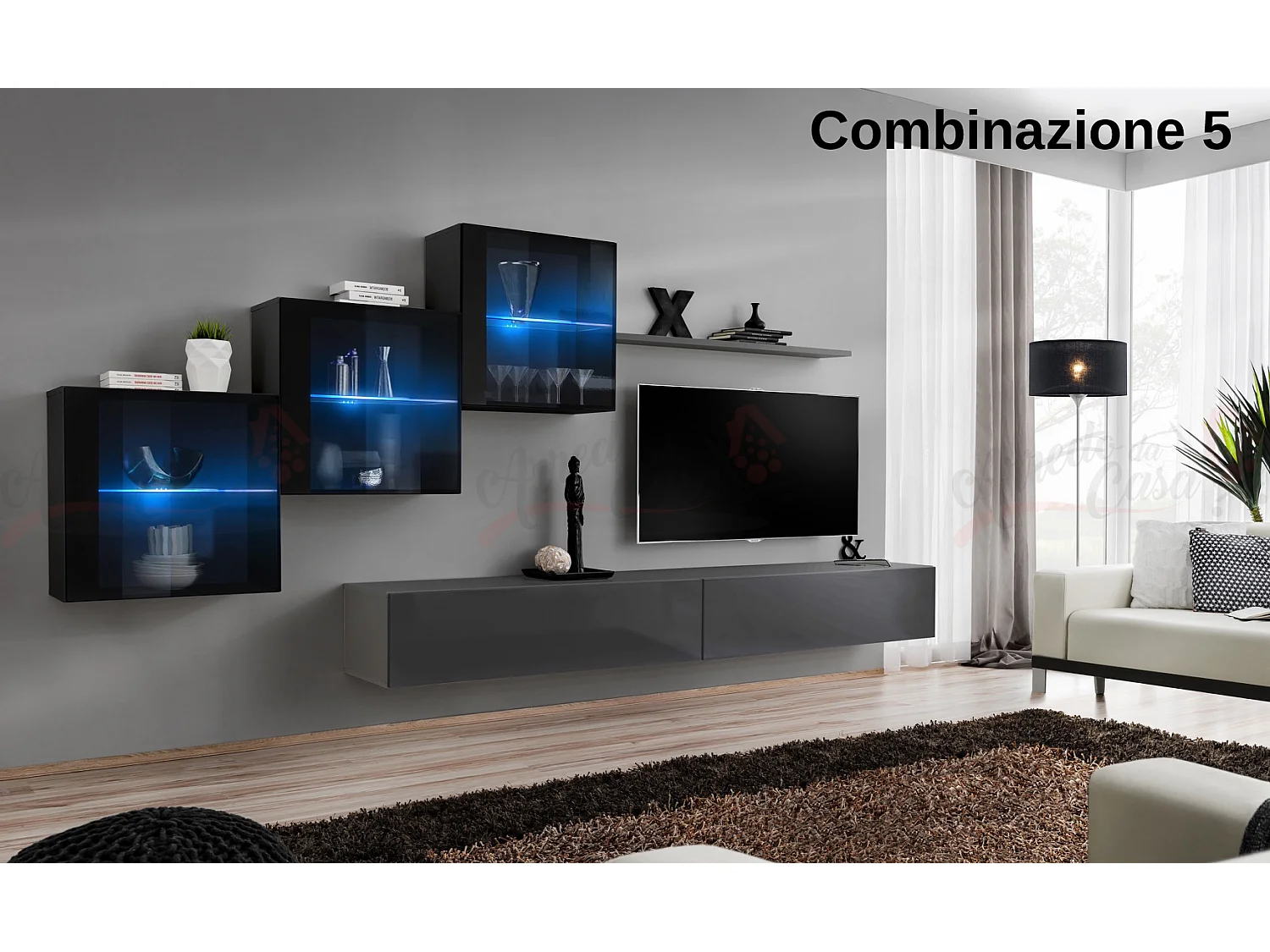 Parete attrezzata sospesa design contemporaneo con led 330x160 nero e grigio PAP65