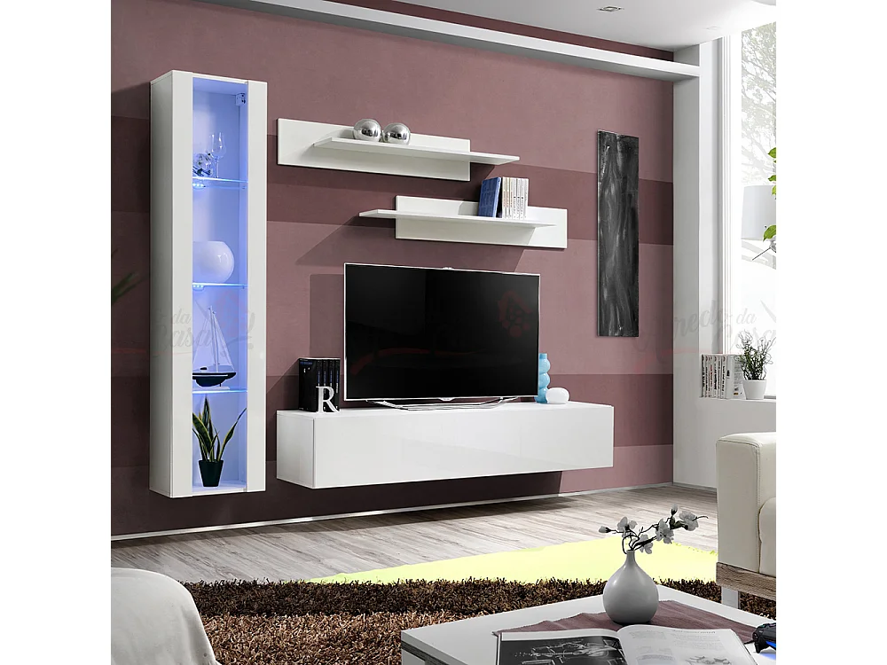 Parete attrezzata soggiorno con vetrina sospesa e led 210x190 bianco PAP97