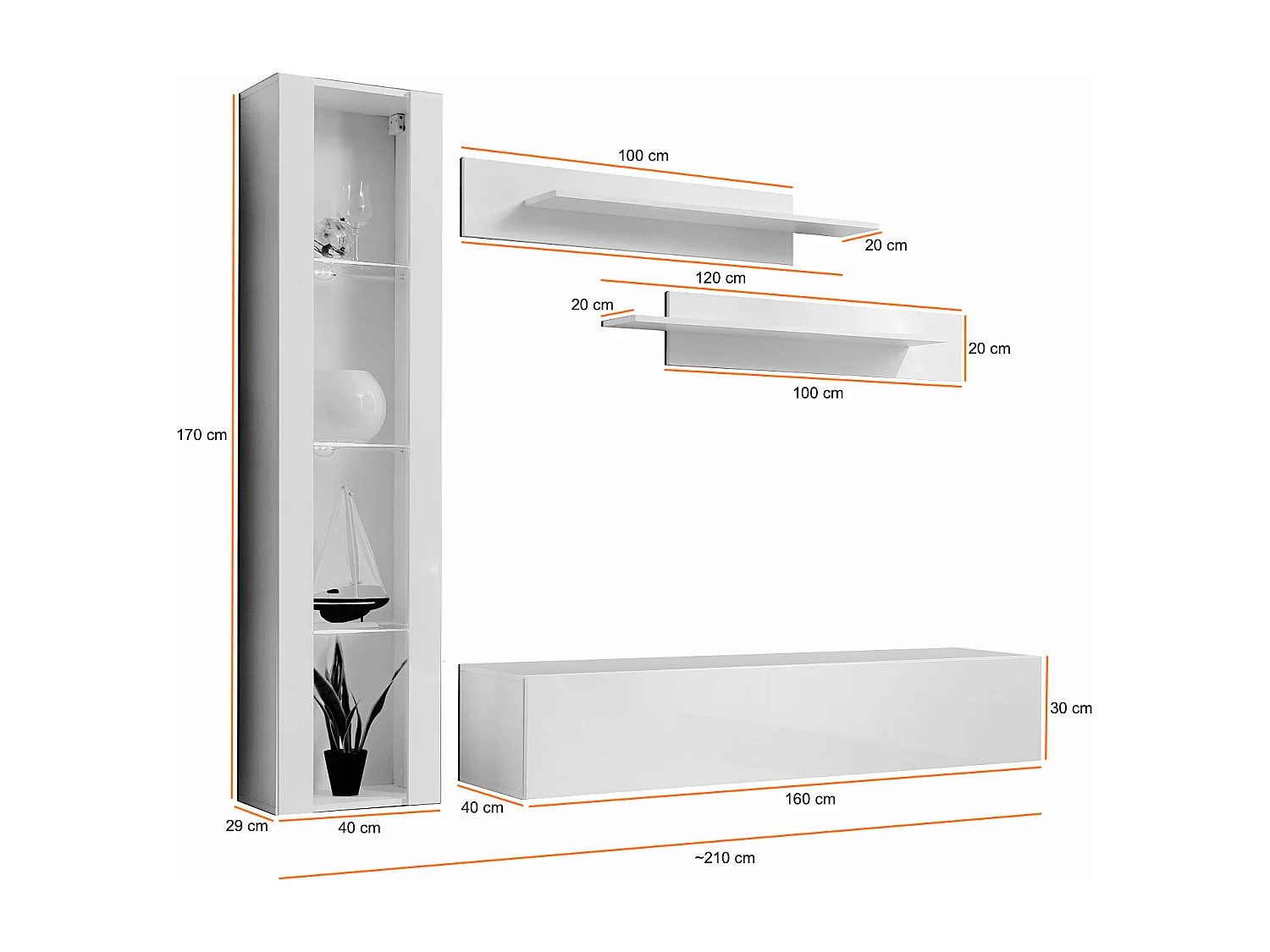 Parete attrezzata soggiorno con vetrina sospesa e led 210x190 bianco PAP97