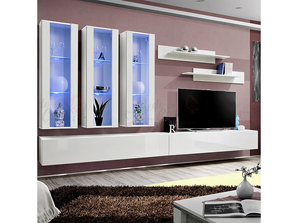 Parete attrezzata da soggiorno con tre vetrine illuminate 320x190 bianco PAP93