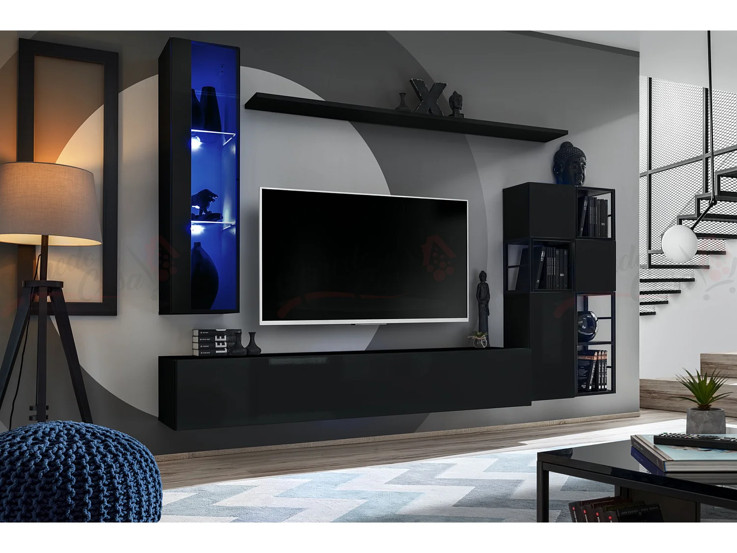 Parete attrezzata soggiorno con vetrina sospesa 250x170 nero PAP74