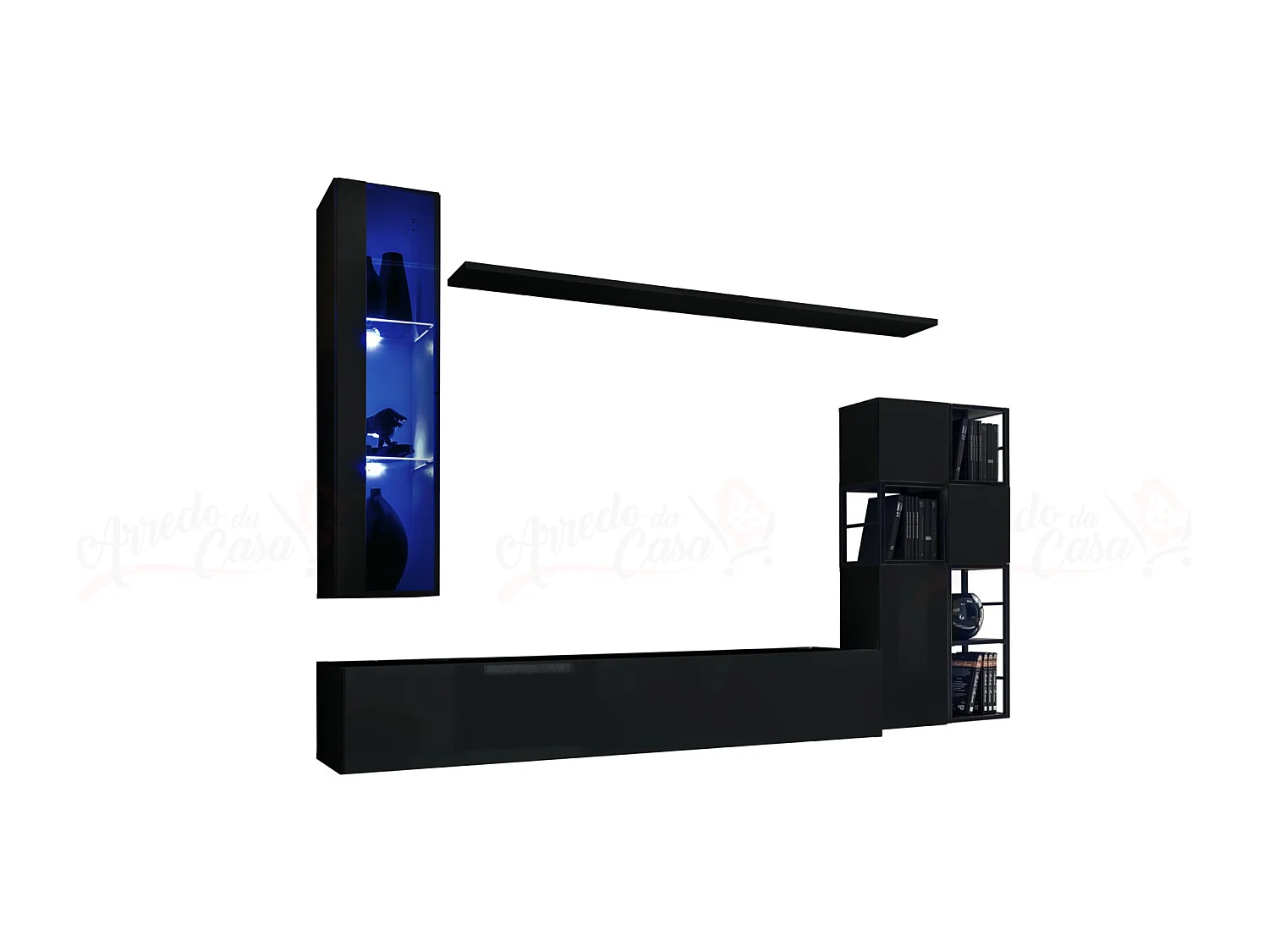 Parete attrezzata soggiorno con vetrina sospesa 250x170 nero PAP74