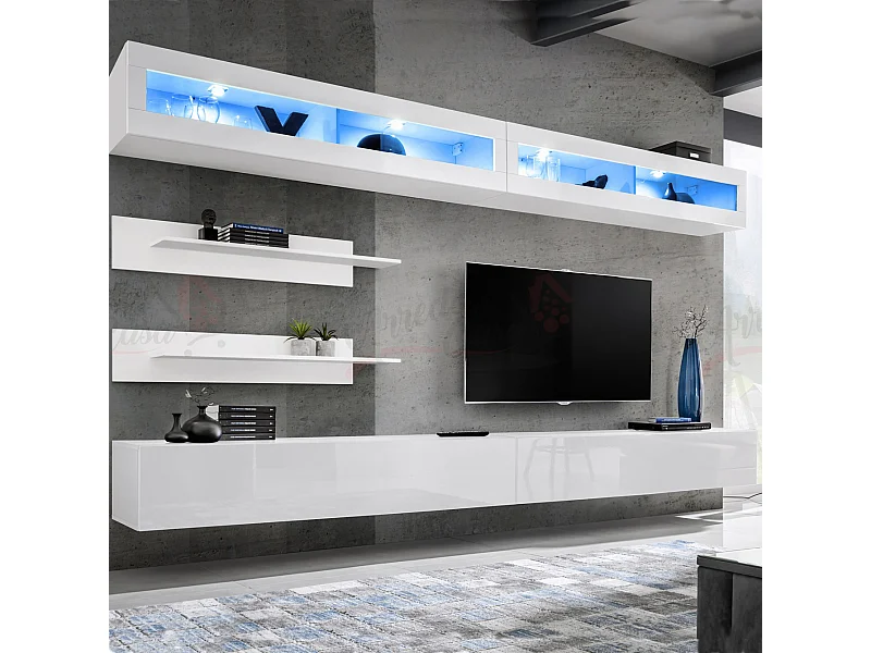 Parete attrezzata da soggiorno moderna con pensili orizzontali e led 320x180 bianco PAP103