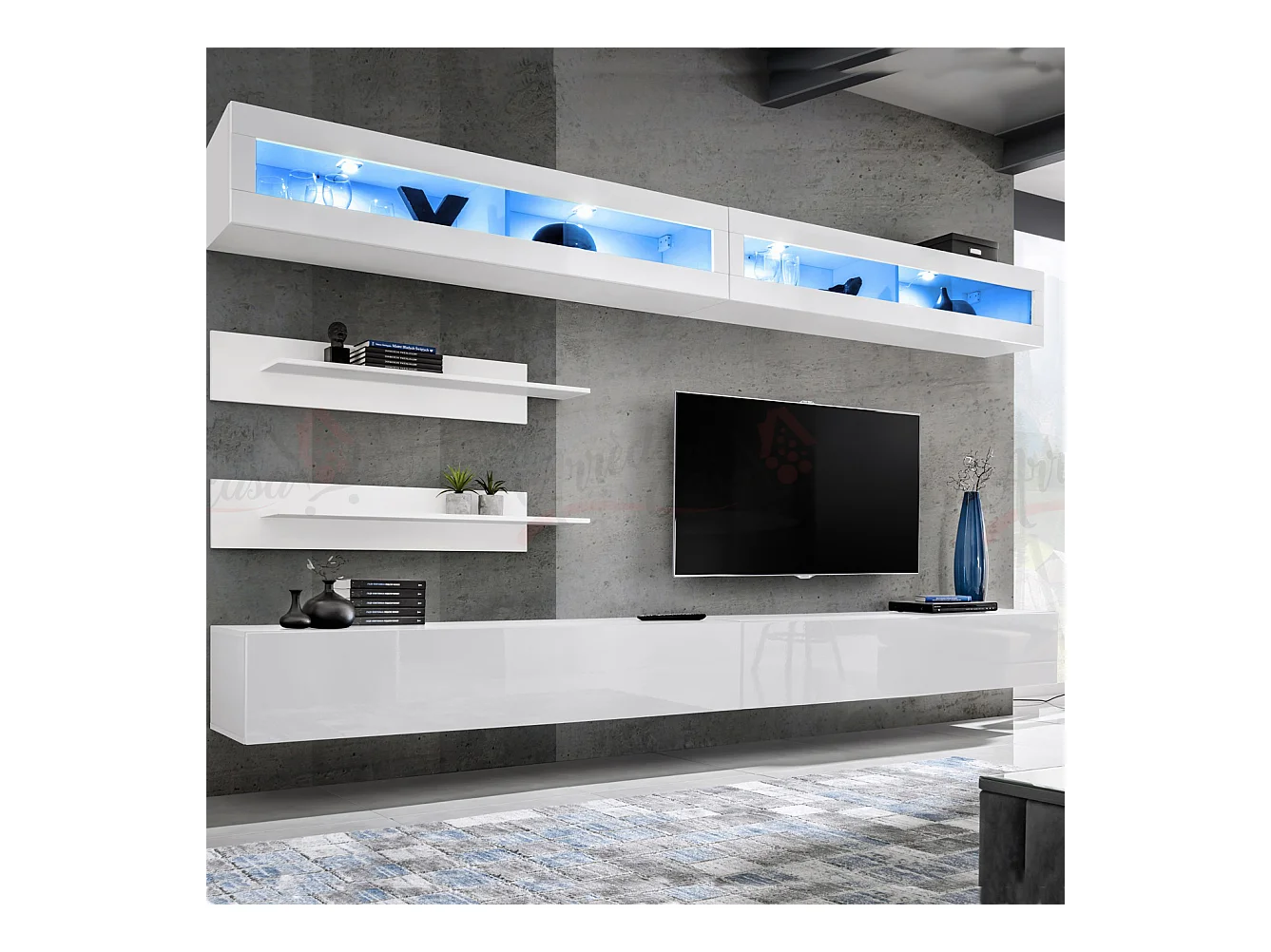 Parete attrezzata da soggiorno moderna con pensili orizzontali e led 320x180 bianco PAP103