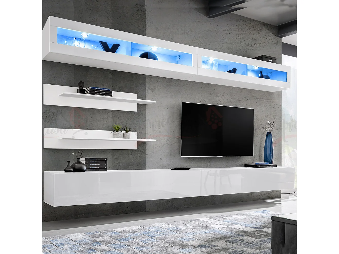 Parete attrezzata da soggiorno moderna con pensili orizzontali e led 320x180 bianco PAP103