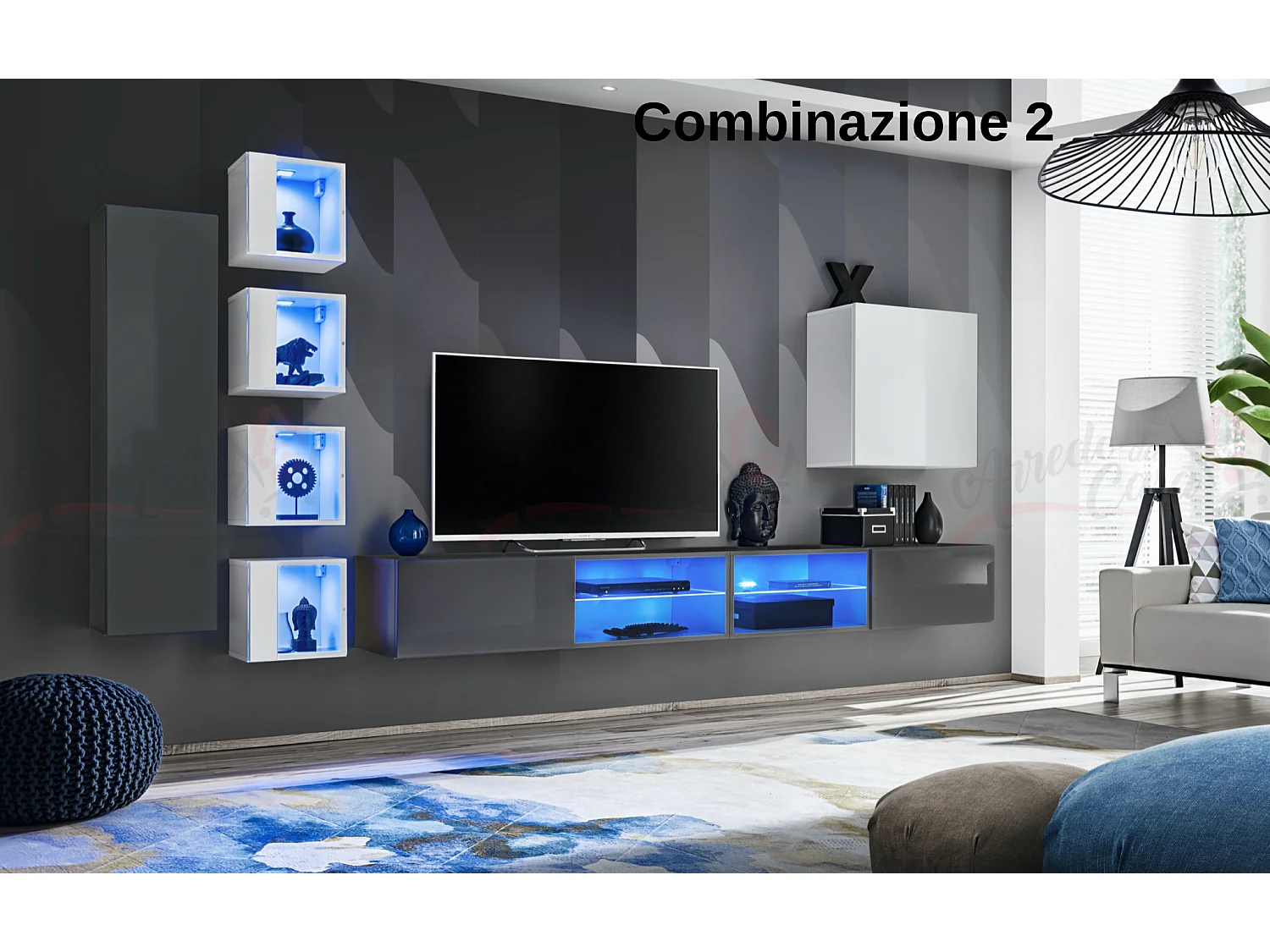 Parete attrezzata soggiorno con vetrinette e led 320x150 grigio e bianco PAP72