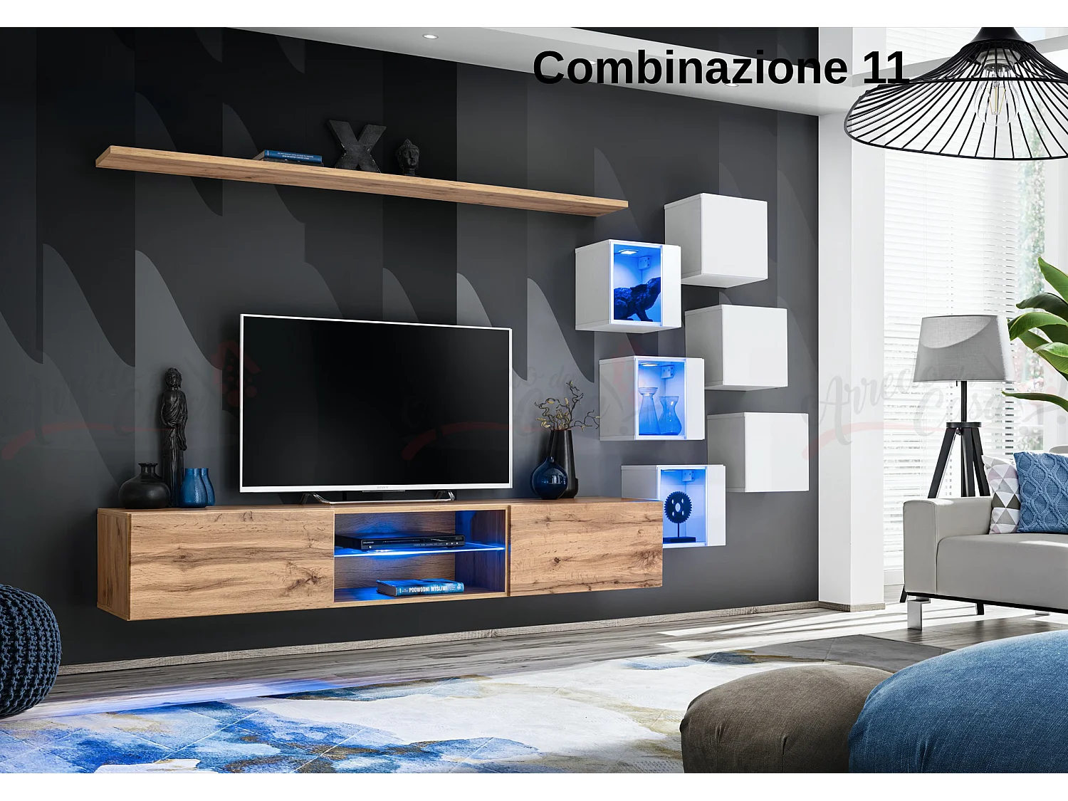 Parete attrezzata soggiorno con mobile TV sospeso 260x150 rovere e bianco PAP67