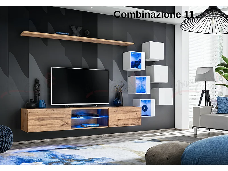 Parete attrezzata soggiorno con mobile TV sospeso 260x150 rovere e bianco PAP67