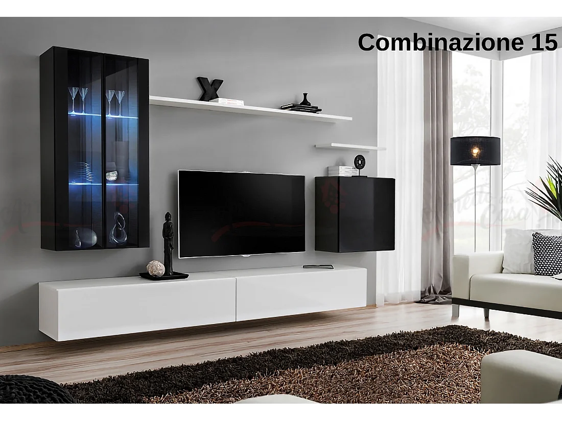 Parete attrezzata per soggiorno con luci LED 270x160 nero e bianco PAP56