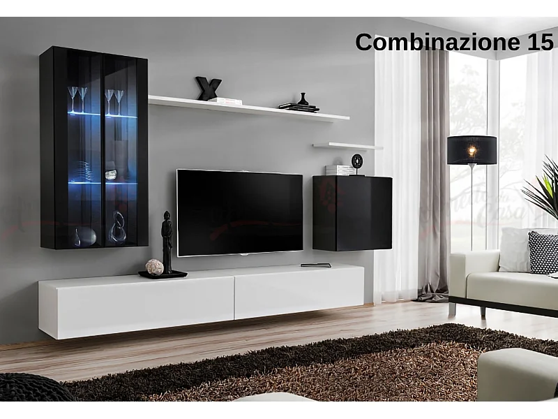 Parete attrezzata per soggiorno con luci LED 270x160 nero e bianco PAP56