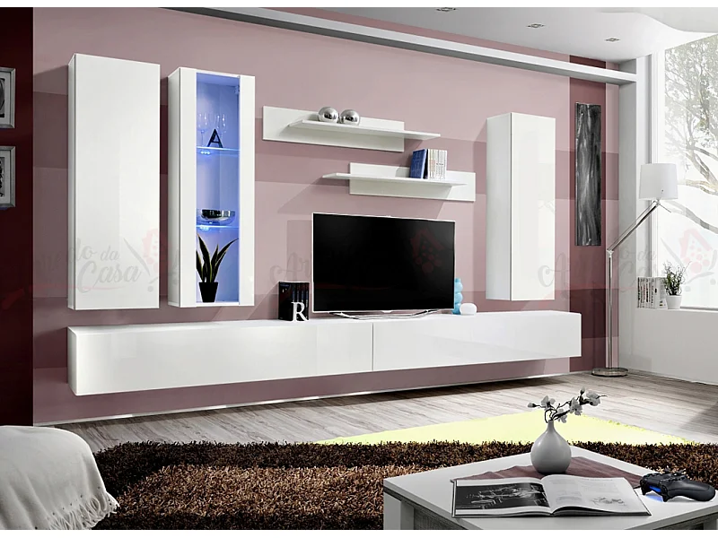 Parete attrezzata soggiorno moderna con mobile porta TV 320x190 bianco PAP94