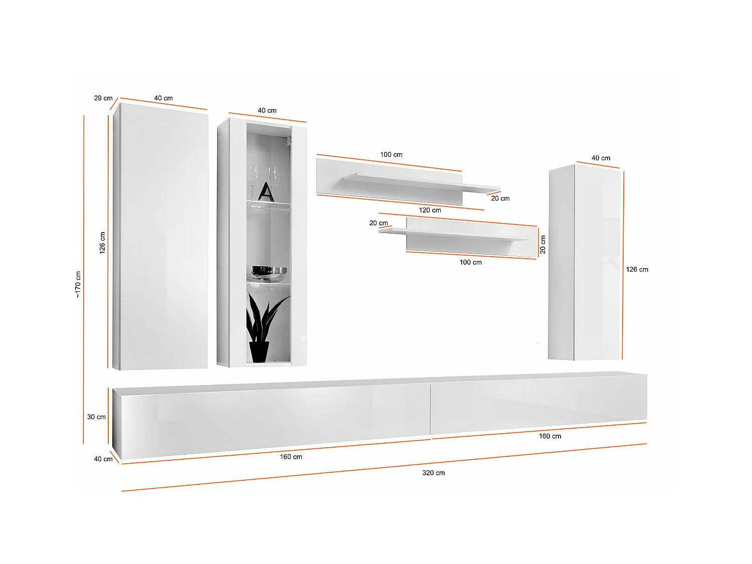 Parete attrezzata soggiorno moderna con mobile porta TV 320x190 bianco PAP94