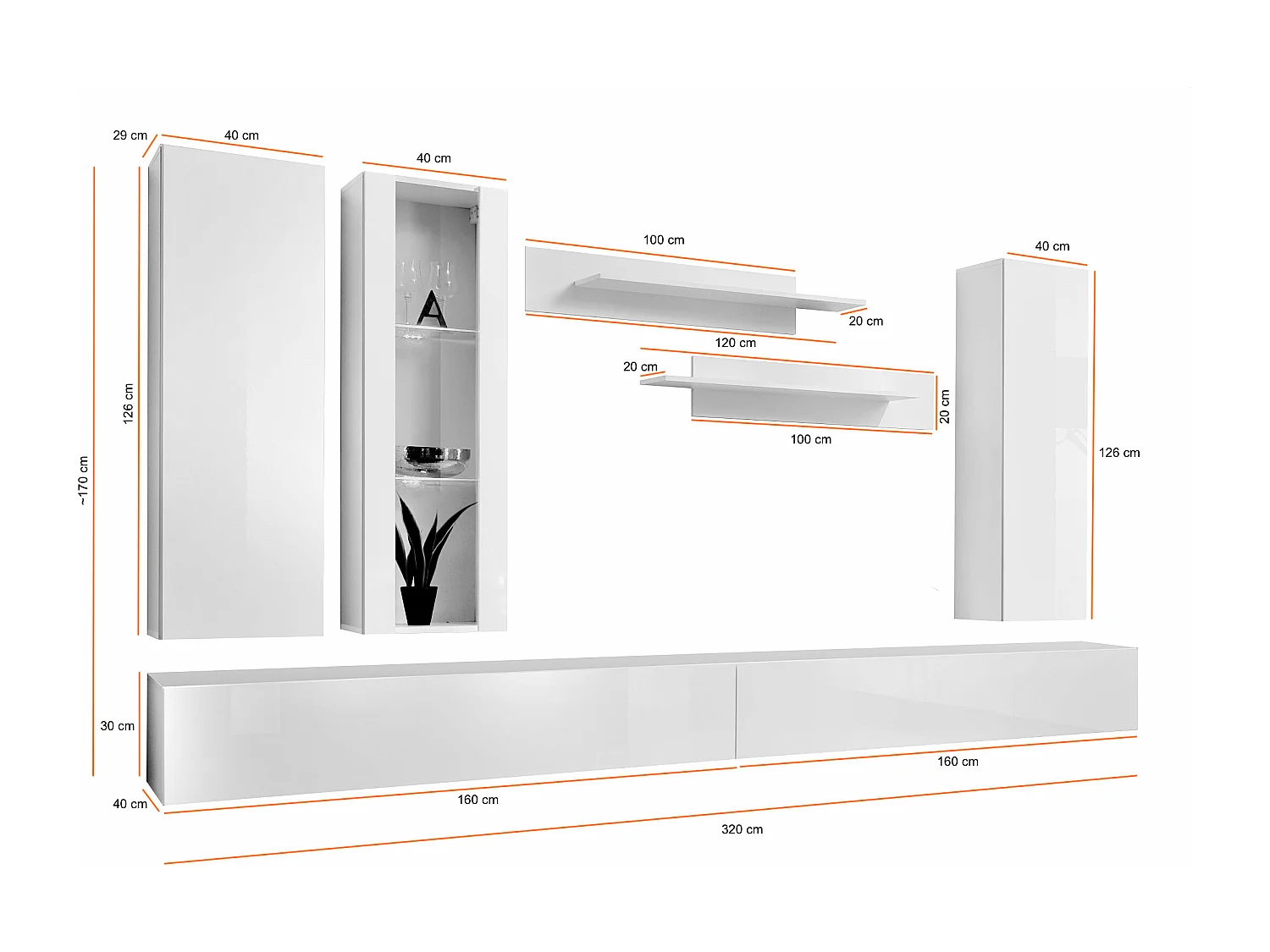 Parete attrezzata soggiorno moderna con mobile porta TV 320x190 bianco PAP94