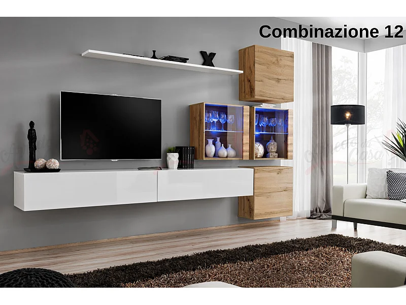 Parete attrezzata sospesa moderna con vetrinette 310x200 bianco e rovere PAP63