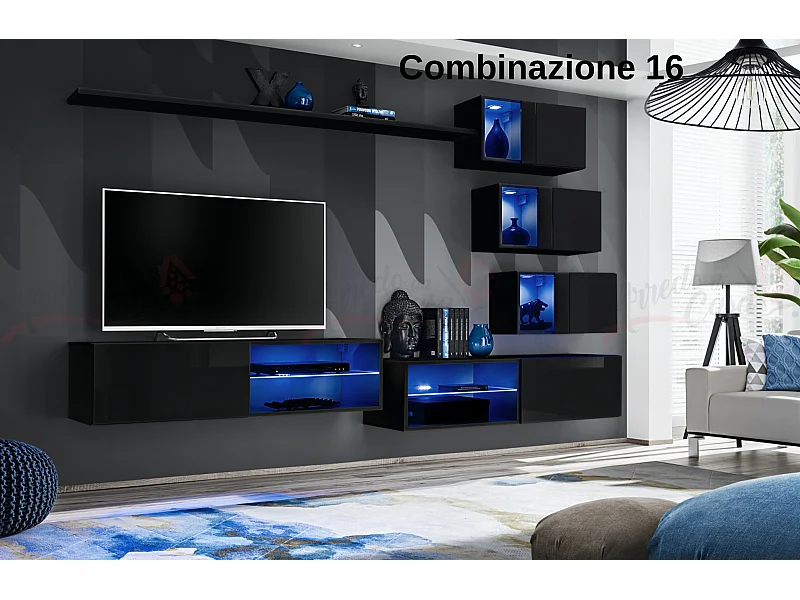 Parete attrezzata per soggiorno con vetrinette e luci led 260x170 nero PAP70