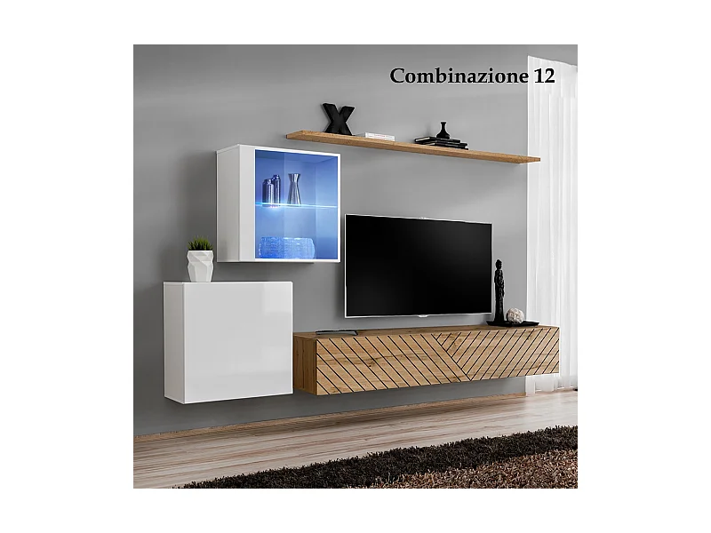 Parete attrezzata design moderno con vetrina illuminata 250x150 bianco e rovere PAP59