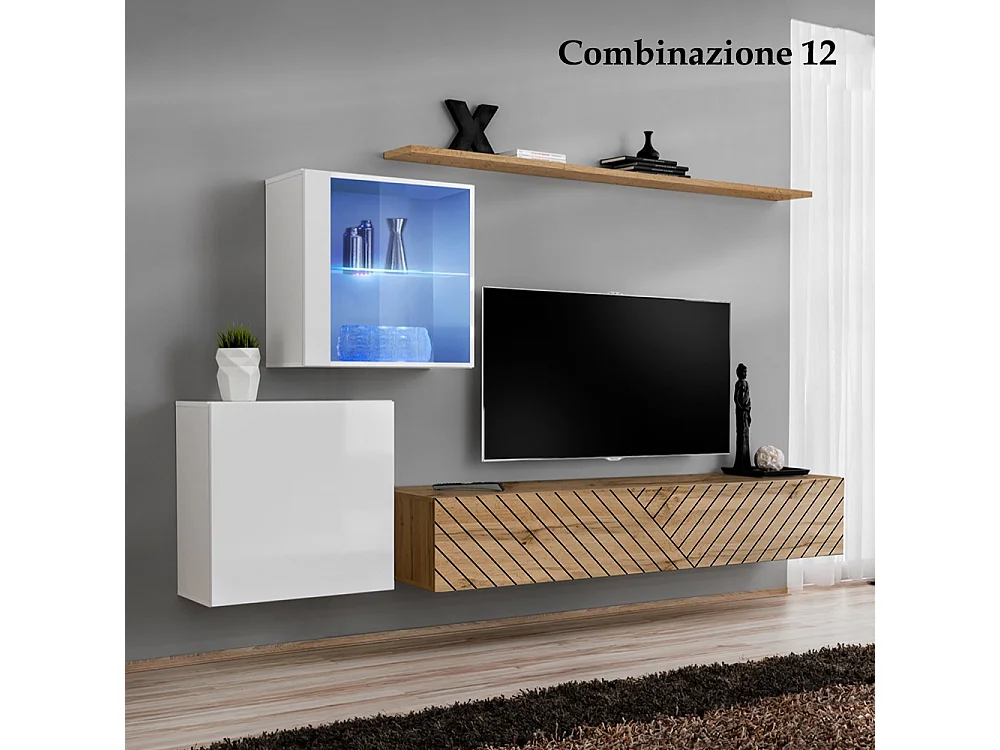 Parete attrezzata design moderno con vetrina illuminata 250x150 bianco e rovere PAP59