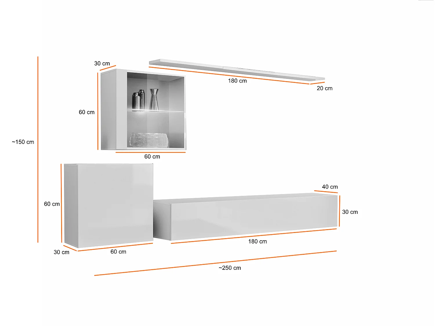 Parete attrezzata design moderno con vetrina illuminata 250x150 bianco e rovere PAP59