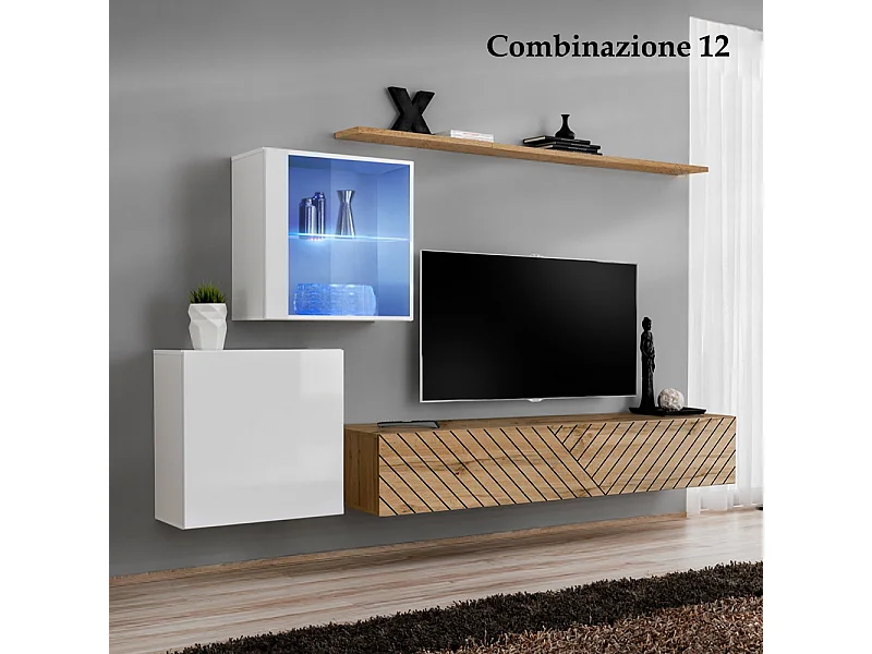 Parete attrezzata design moderno con vetrina illuminata 250x150 bianco e rovere PAP59