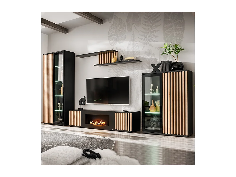 Parete attrezzata moderna per soggiorno con biocamino nera e rovere 340x192 PAP156