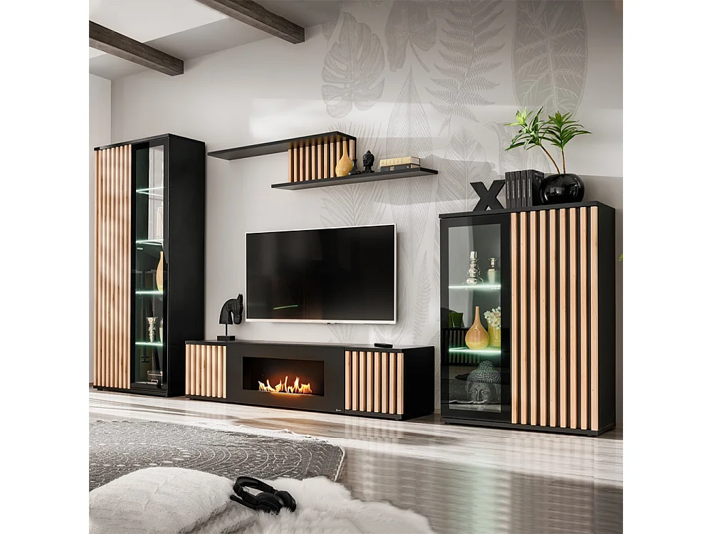 Parete attrezzata moderna per soggiorno con biocamino nera e rovere 340x192 PAP156